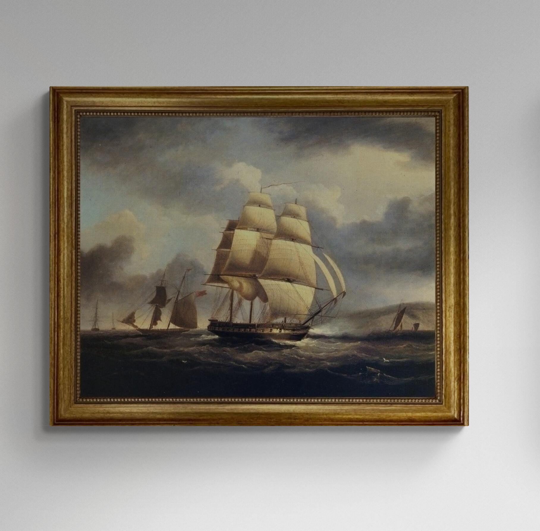 American Frigate on the Thames | Framed Oil Painting Print on Canvas | Hand-Finished with Brush Strokes for a Museum-Quality Masterpiece FOSHE ART