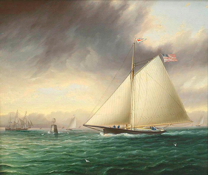 Racing Sloop Whistler Off Bowditch Ledge Salem: Framed Oil Painting Print on Canvas finished with brush strokes looks like original painting FOSHE ART