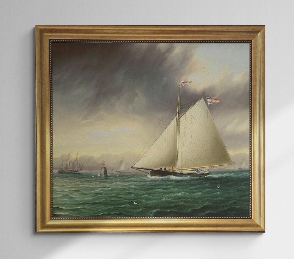 Racing Sloop Whistler Off Bowditch Ledge Salem: Framed Oil Painting Print on Canvas finished with brush strokes looks like original painting FOSHE ART