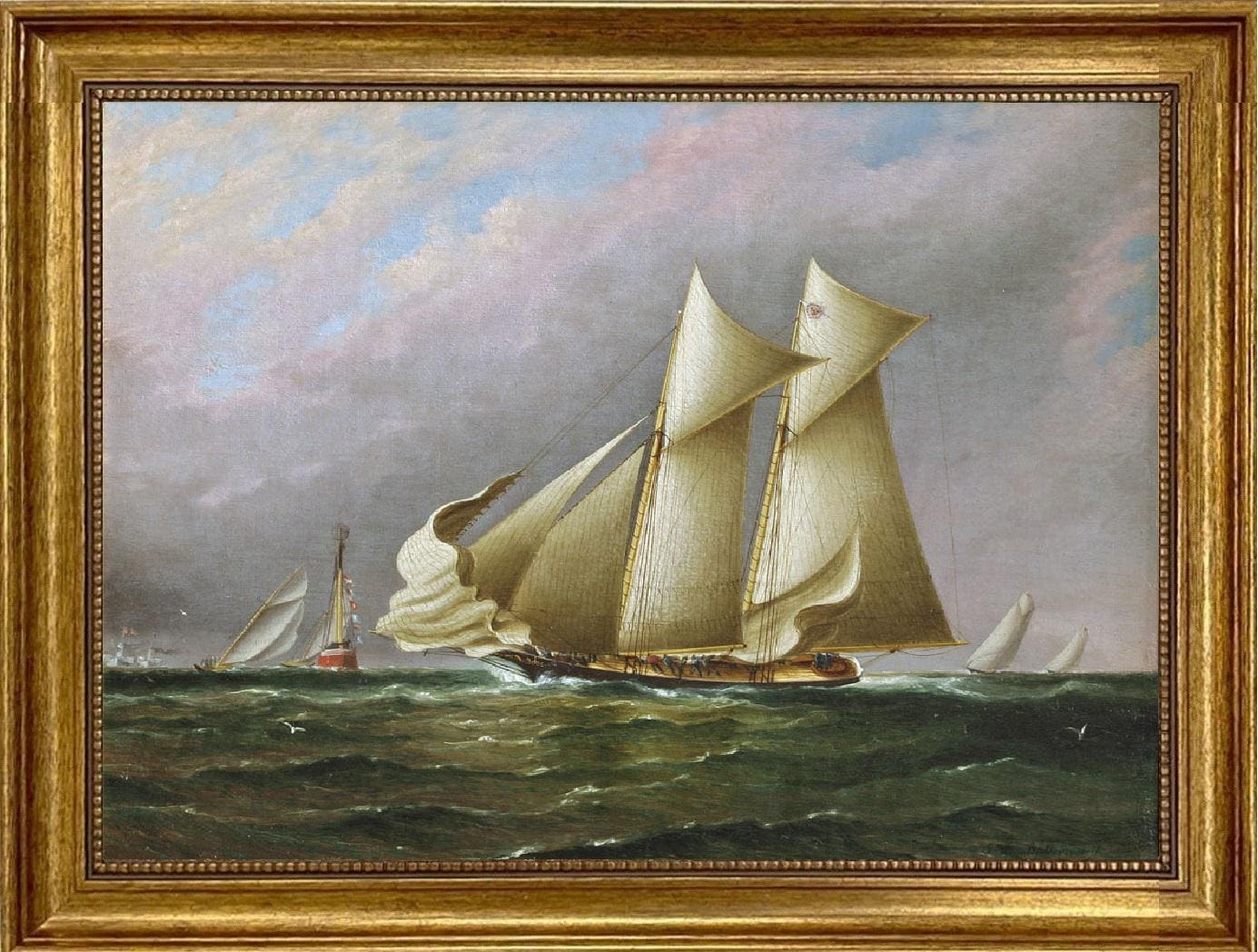 Schooner Idler Painting, New York Yacht Club Regatta, Vintage Golden Frame Canvas Print FOSHE ART