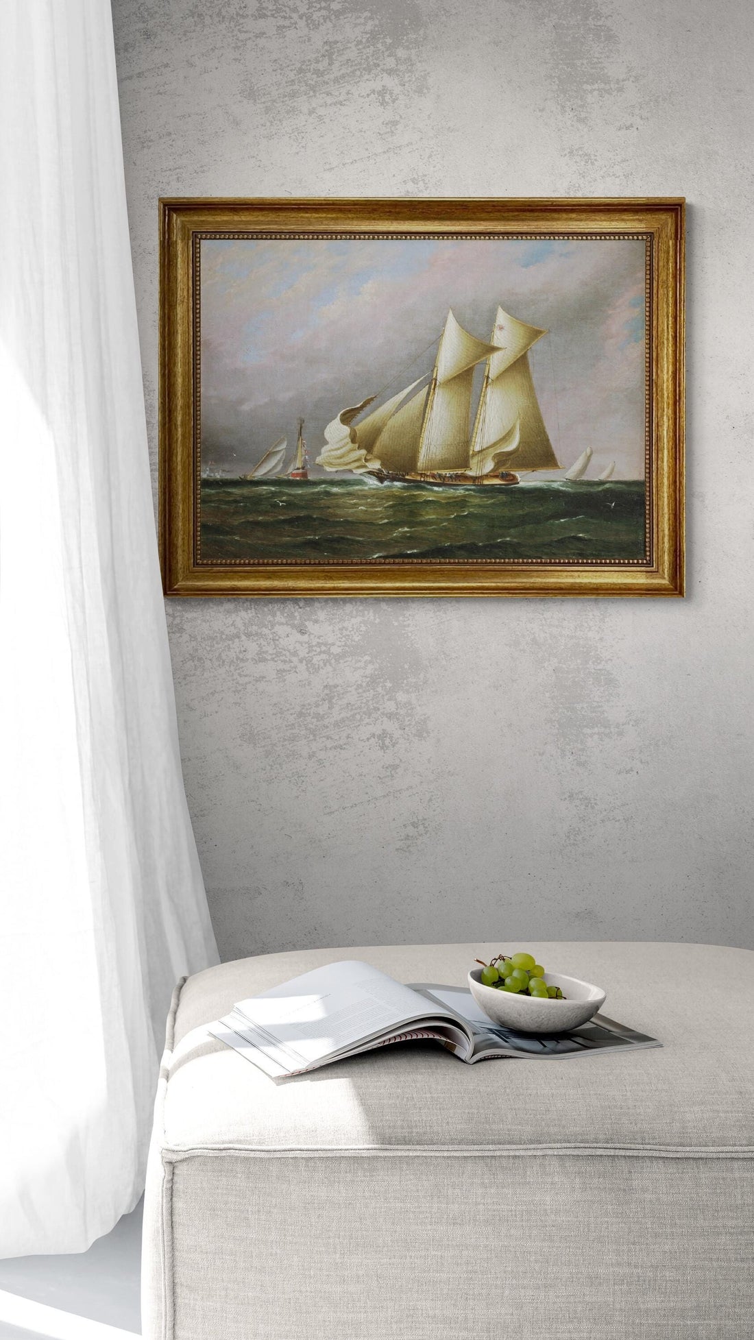 Schooner Idler Painting, New York Yacht Club Regatta, Vintage Golden Frame Canvas Print FOSHE ART