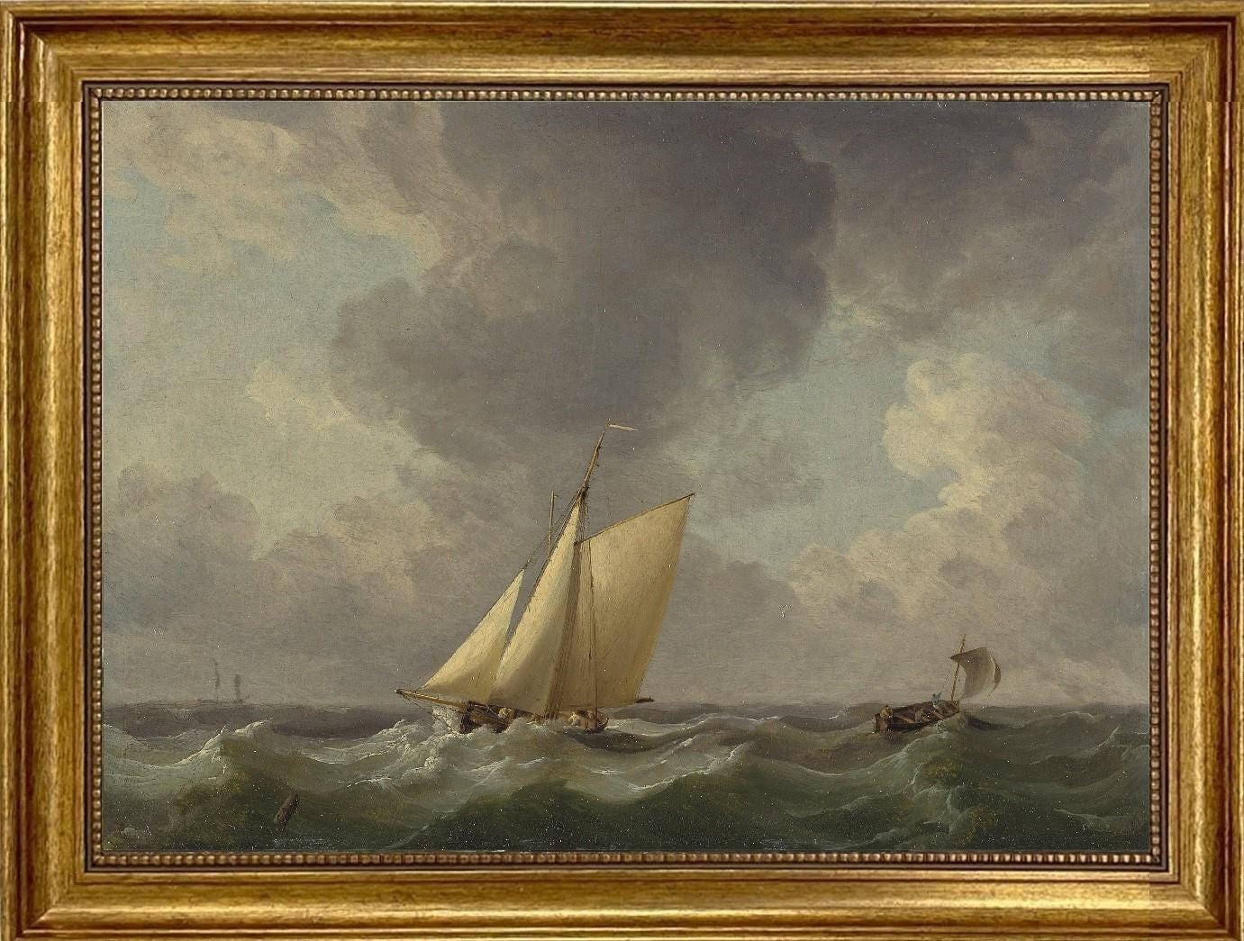 Sailing Boat Canvas Print with Brush Strokes, Stormy Sea, Vintage Golden Frame, FOSHE ART