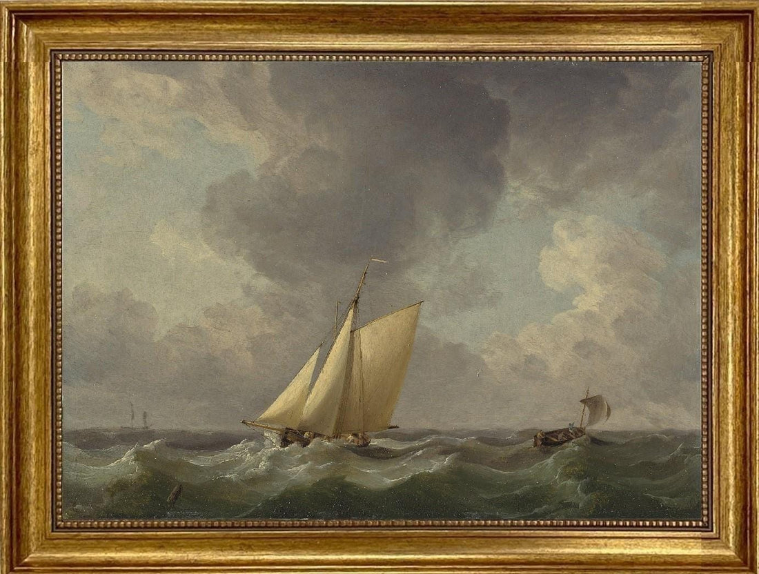Sailing Boat Canvas Print with Brush Strokes, Stormy Sea, Vintage Golden Frame, FOSHE ART