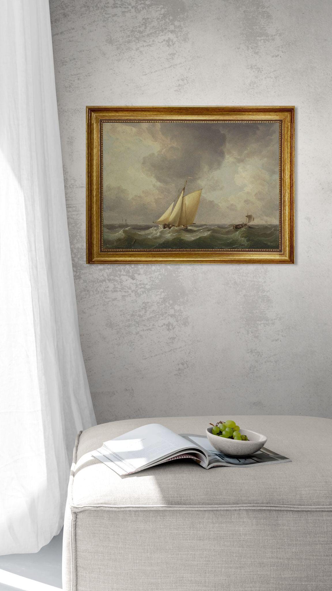 Sailing Boat Canvas Print with Brush Strokes, Stormy Sea, Vintage Golden Frame, FOSHE ART