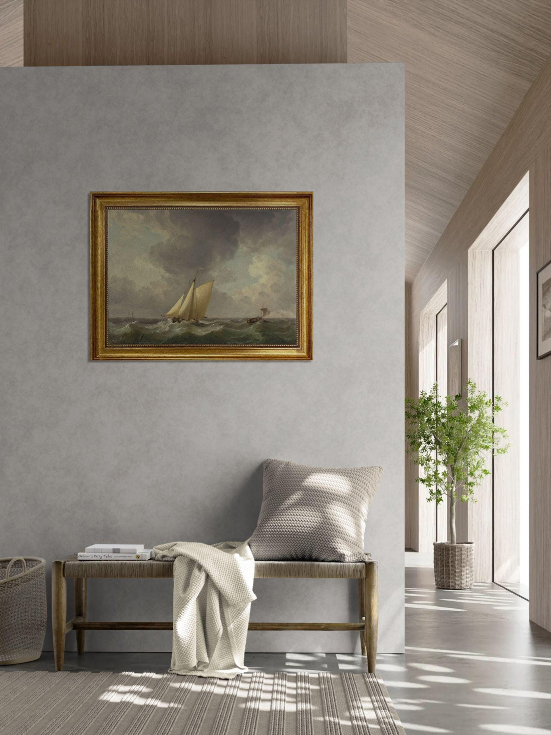 Sailing Boat Canvas Print with Brush Strokes, Stormy Sea, Vintage Golden Frame, FOSHE ART