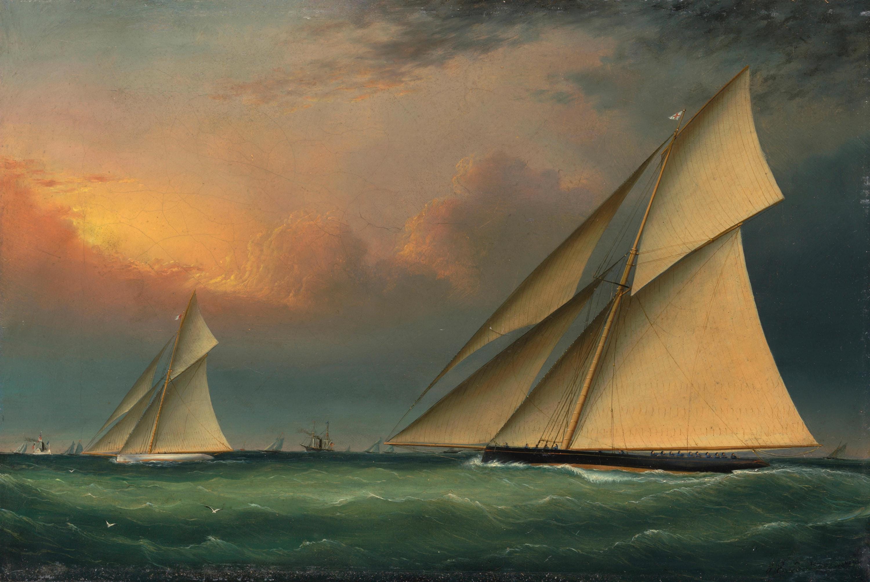 America's Cup 1885 Puritan and Genesta Nautical Sailboats, Fine Art Giclee Print FOSHE ART