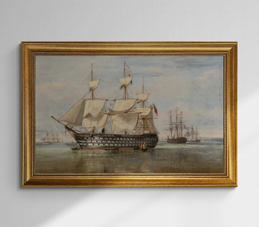 HMS Duke of Wellington Art Print, Golden Frame, Vintage Maritime Painting FOSHE ART