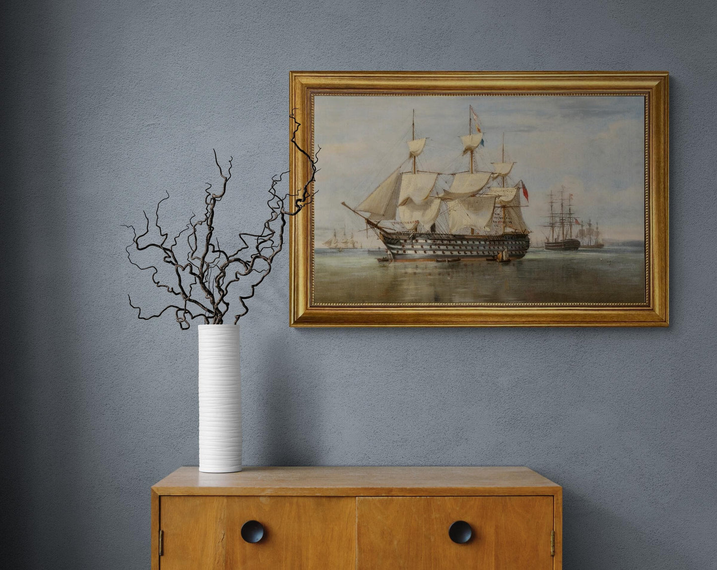 HMS Duke of Wellington at Gosport framed premium canvas print, with brushstrokes & golden vintageous frame, looks like original oil painting FOSHE ART