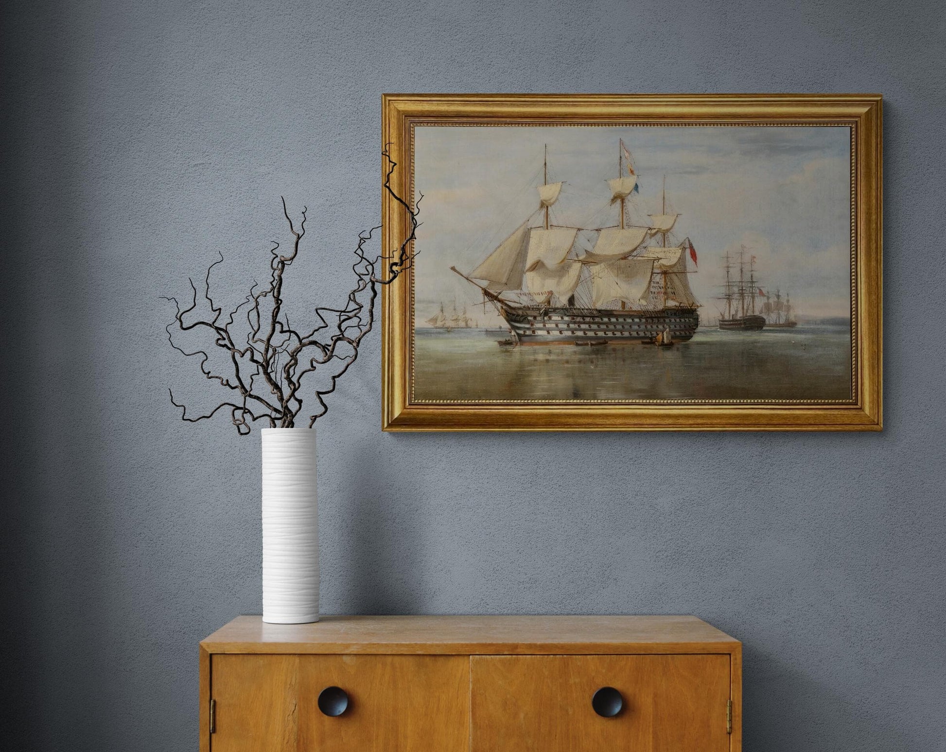 HMS Duke of Wellington at Gosport framed premium canvas print, with brushstrokes & golden vintageous frame, looks like original oil painting FOSHE ART