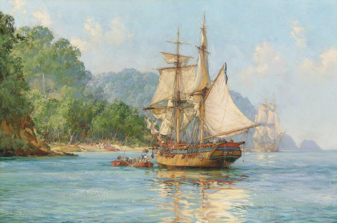 Pirates Haunt Canvas Print with brush strokes, Montague Dawson Reproduction, Golden Vintage Frame FOSHE ART
