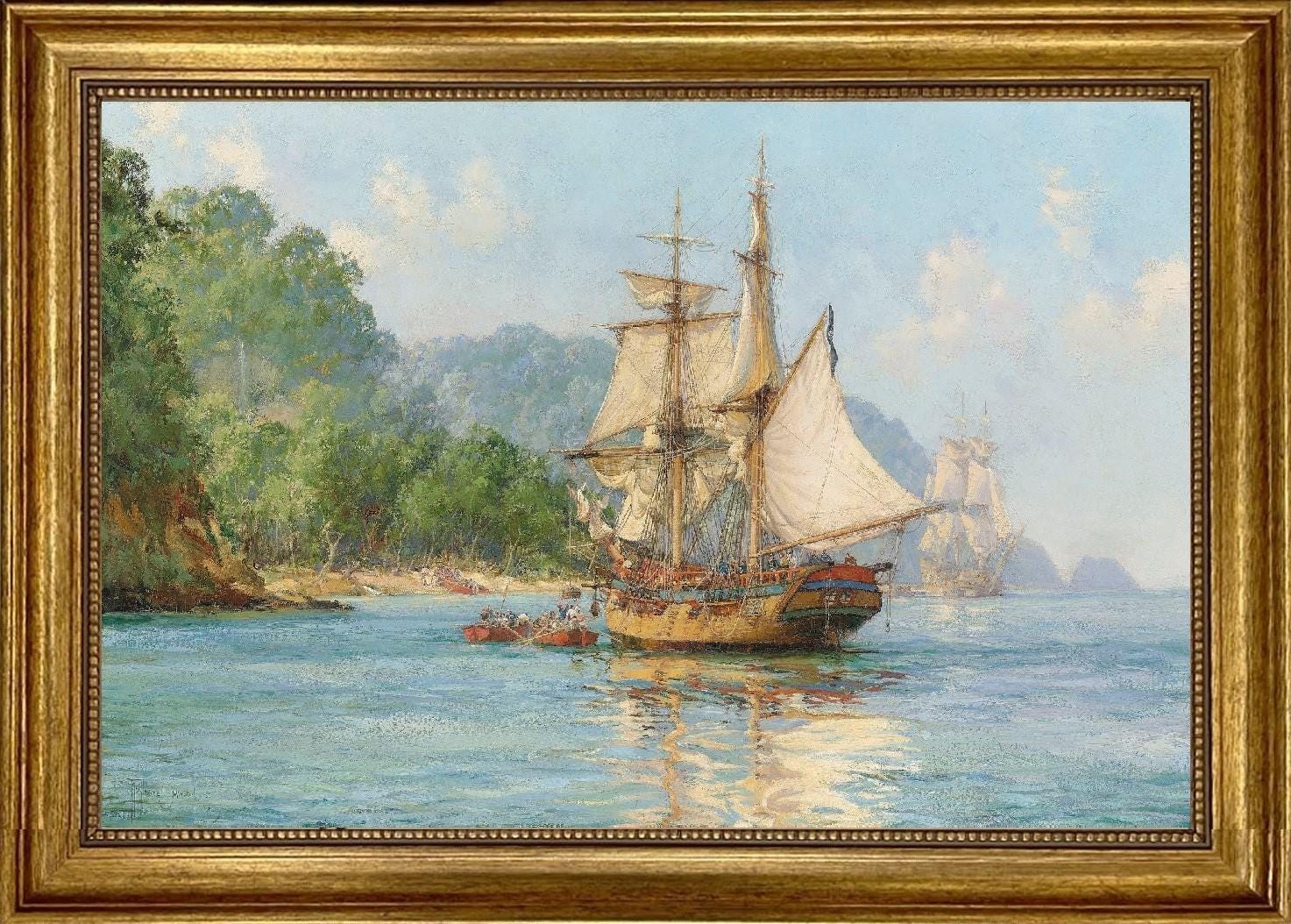 Pirates Haunt Montague Dawson, Gliclée canvas hand finished premium print with brush strokes and golden vintageous frame looks like original FOSHE ART