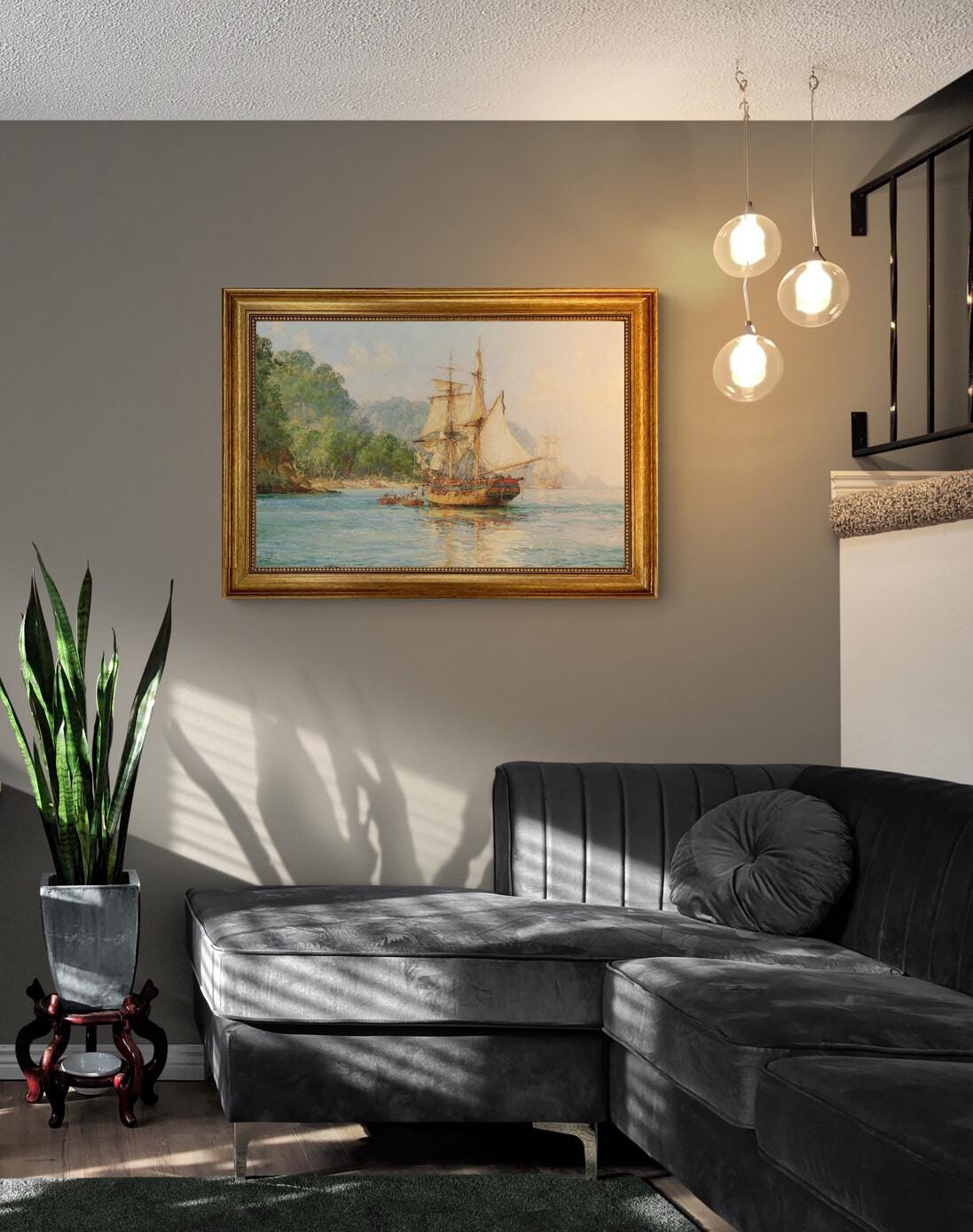 Pirates Haunt Montague Dawson, Gliclée canvas hand finished premium print with brush strokes and golden vintageous frame looks like original FOSHE ART