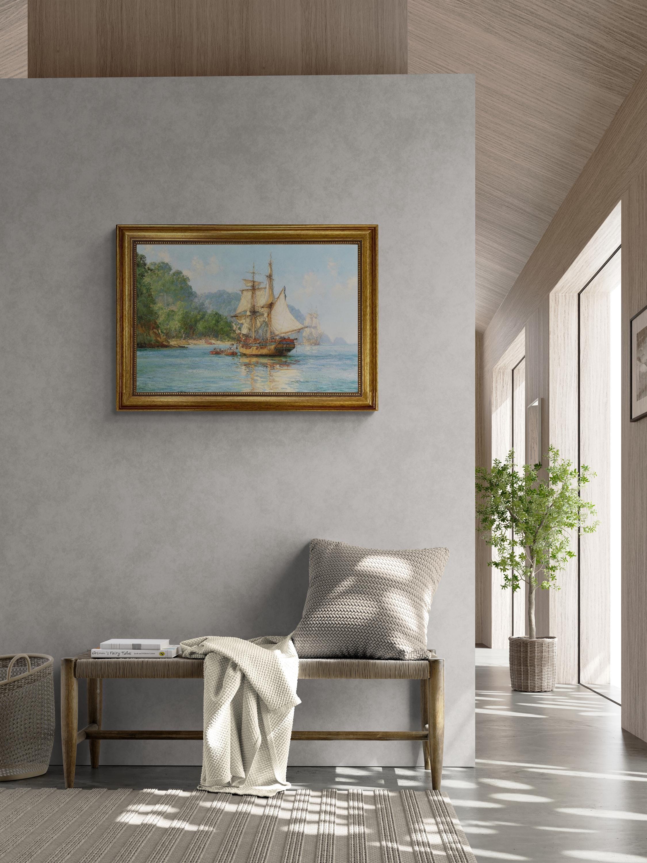 Pirates Haunt Canvas Print with brush strokes, Montague Dawson Reproduction, Golden Vintage Frame FOSHE ART