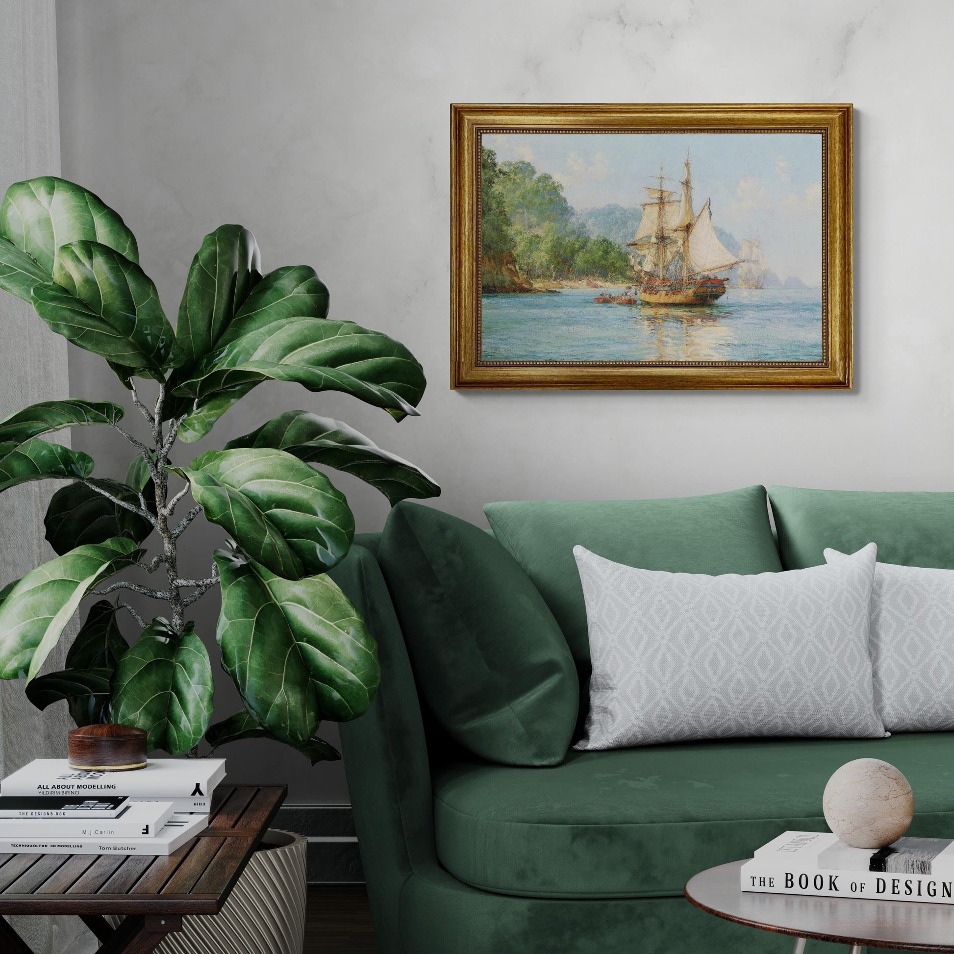 Pirates Haunt Montague Dawson, Gliclée canvas hand finished premium print with brush strokes and golden vintageous frame looks like original FOSHE ART