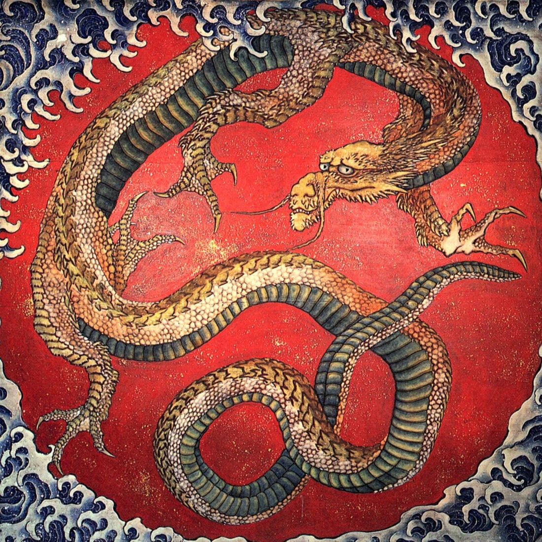 Hokusai Dragon Art Print with Brush Stroke Texture: Japanese Reproduction on Canvas, Golden Frame FOSHE ART