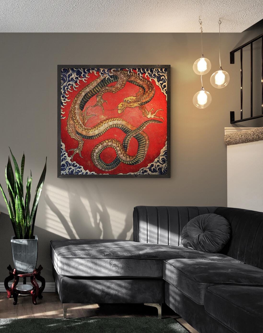 Dragon by Katsushika Hokusai Premium Reproduction Art Print on Canvas or hand finish 3D print with brush strokes, look like original art FOSHE ART