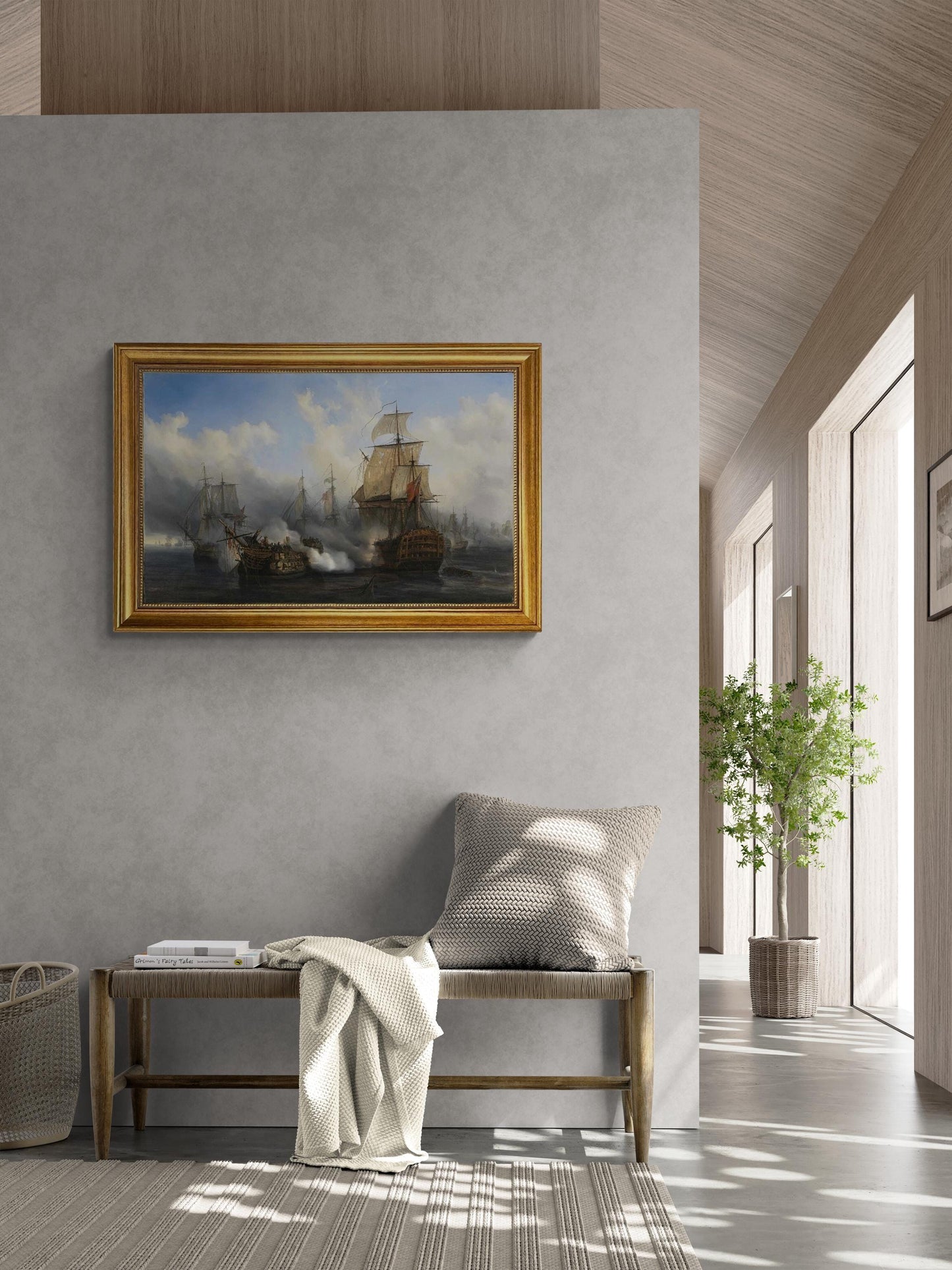 Battle of Trafalgar, Auguste Mayer, Redoutable ship, 3D hand finished premium print on canvas with brush strokes and golden vintageous frame FOSHE ART