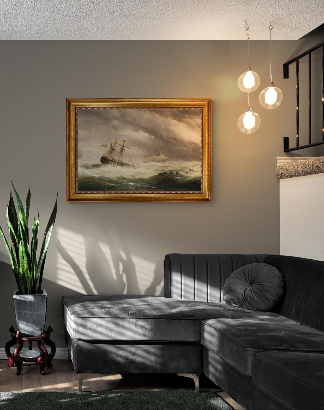 HMS Endymion rescuing a French two-decker premium canvas print, with brushstrokes, golden vintageous frame, looks like original oil painting FOSHE ART