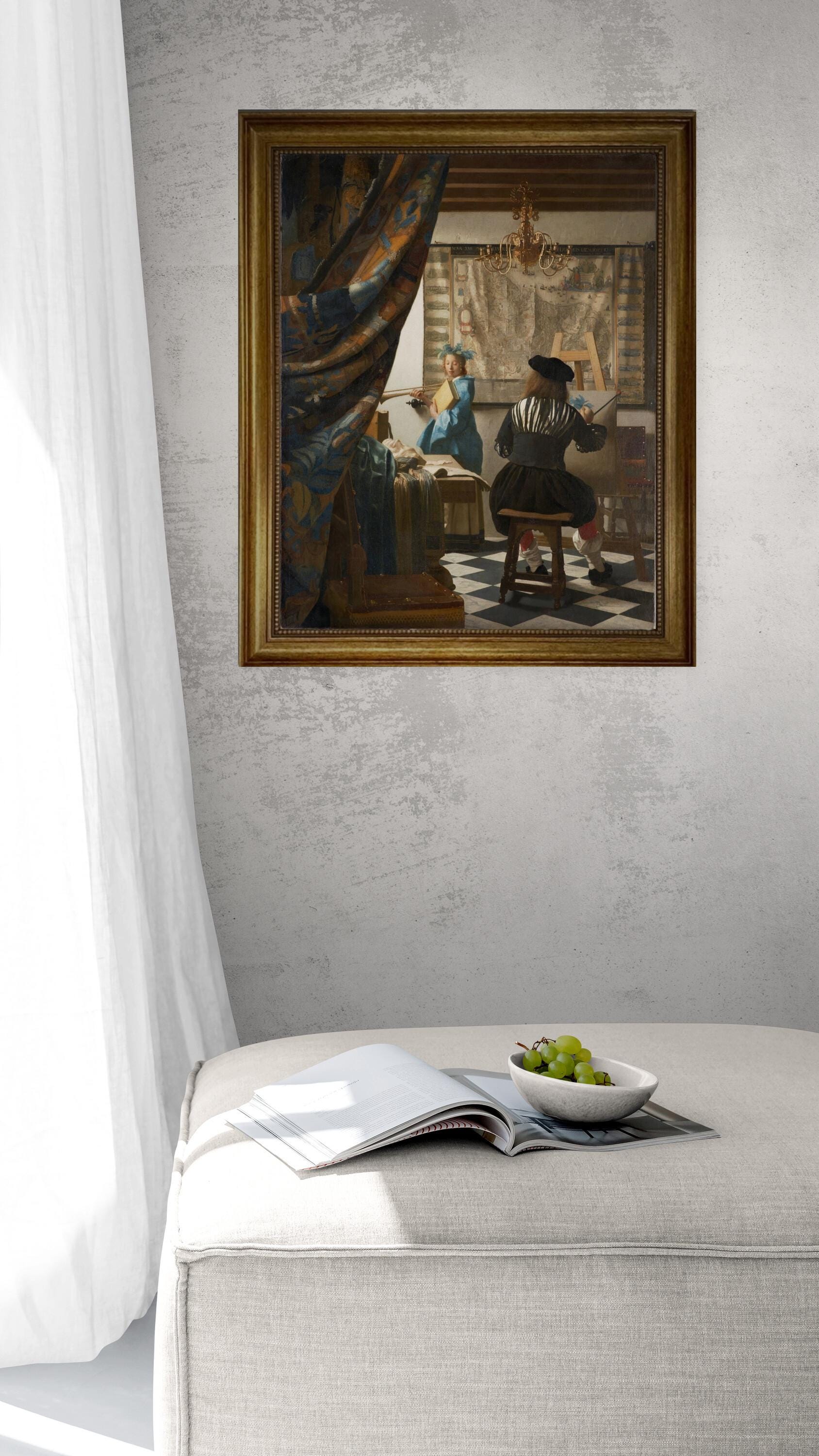 The Art of Painting, Jan Vermeer, Canvas hand finished premium print with brush strokes and golden vintageous frame looks like original art FOSHE ART