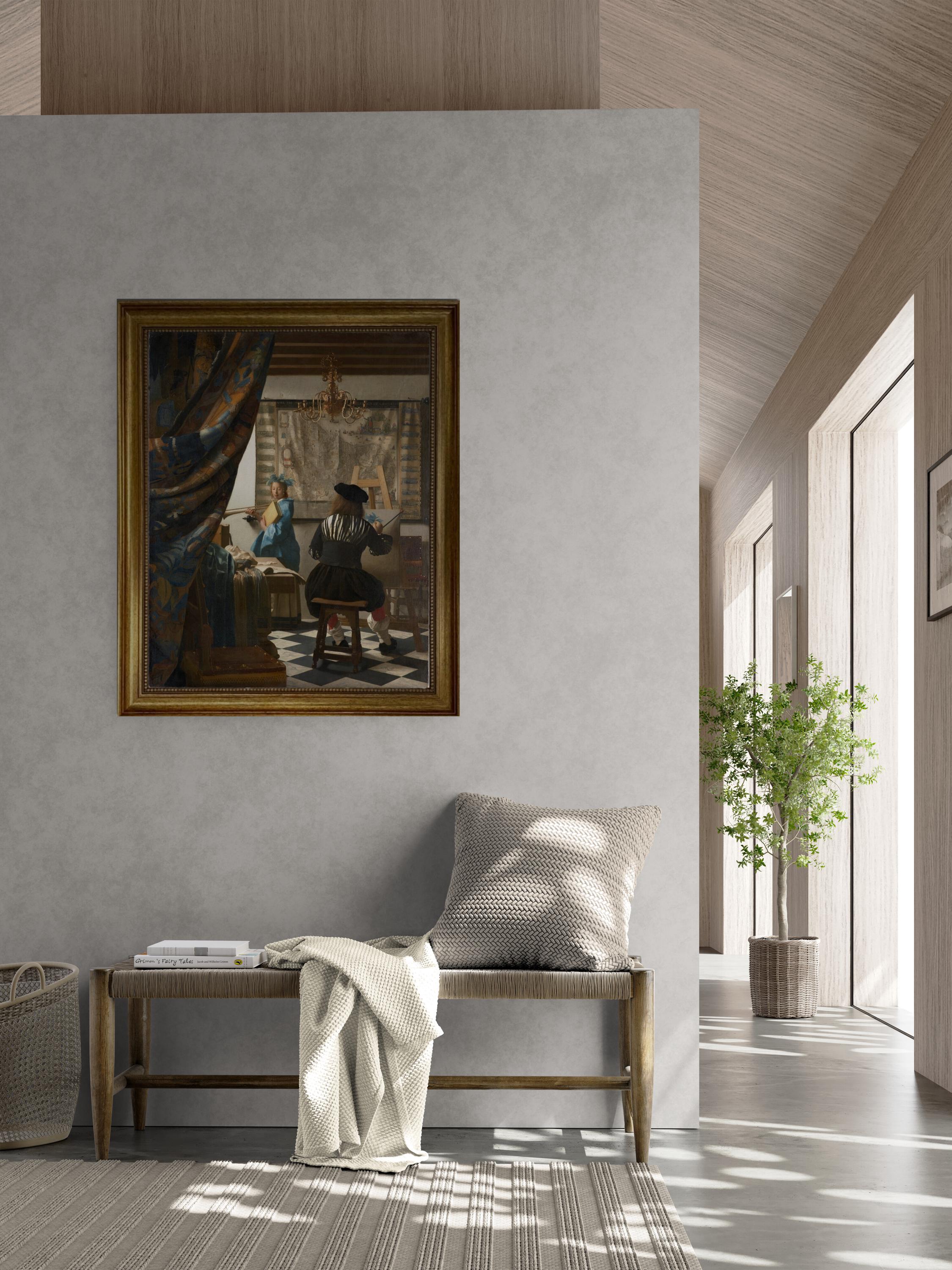 Vermeer's Art of Painting, Hand Finished Canvas Print, Golden Vintage Frame FOSHE ART