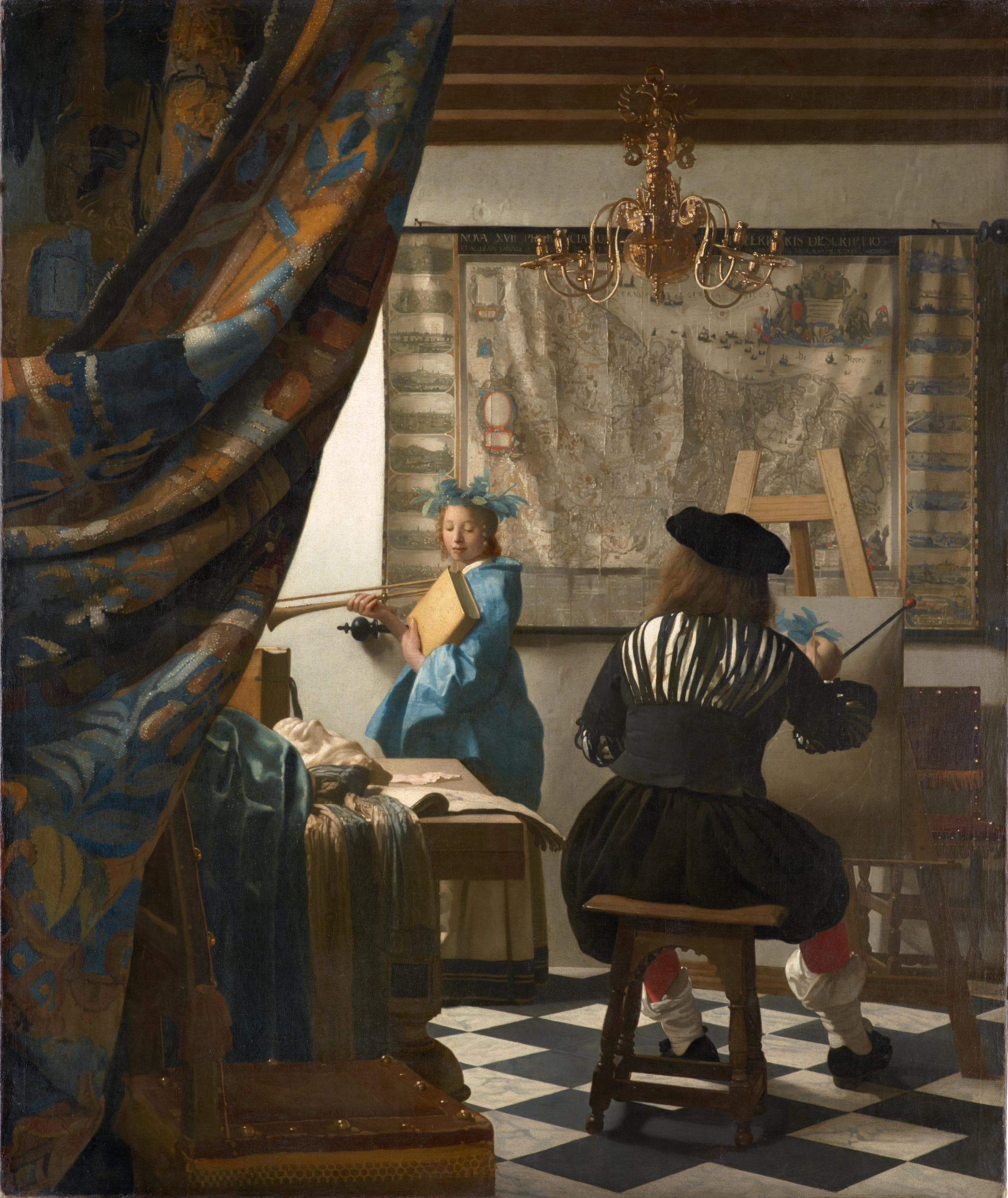 Vermeer's Art of Painting, Hand Finished Canvas Print, Golden Vintage Frame FOSHE ART