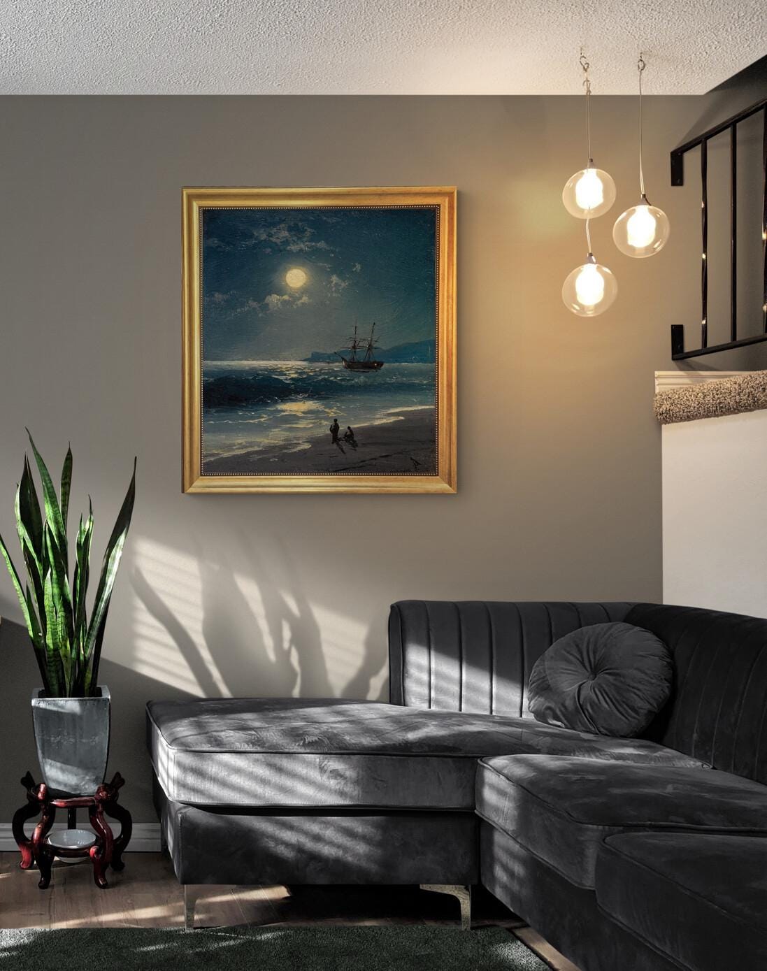 Sailing ship on calm sea by moonlight canvas hand finished premium print with brush strokes and golden vintageous frame looks like original FOSHE ART