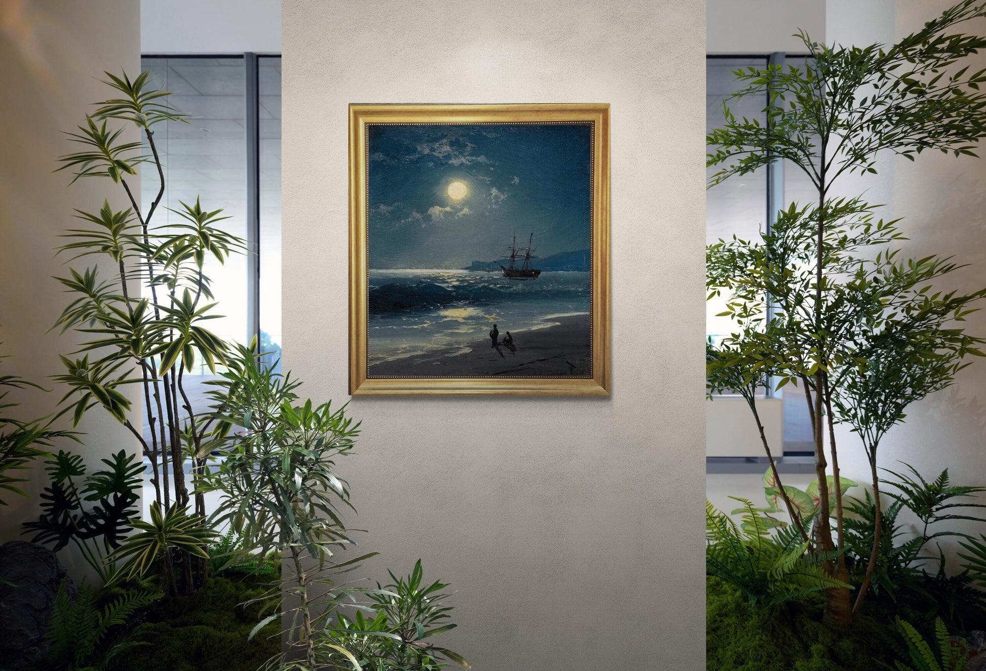 Sailing ship on calm sea by moonlight canvas hand finished premium print with brush strokes and golden vintageous frame looks like original FOSHE ART