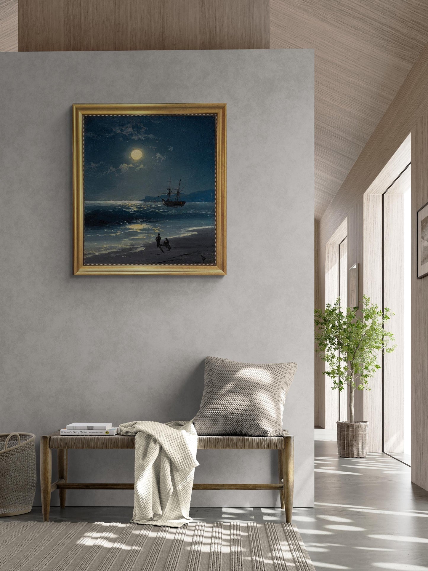 Sailing ship on calm sea by moonlight canvas hand finished premium print with brush strokes and golden vintageous frame looks like original FOSHE ART
