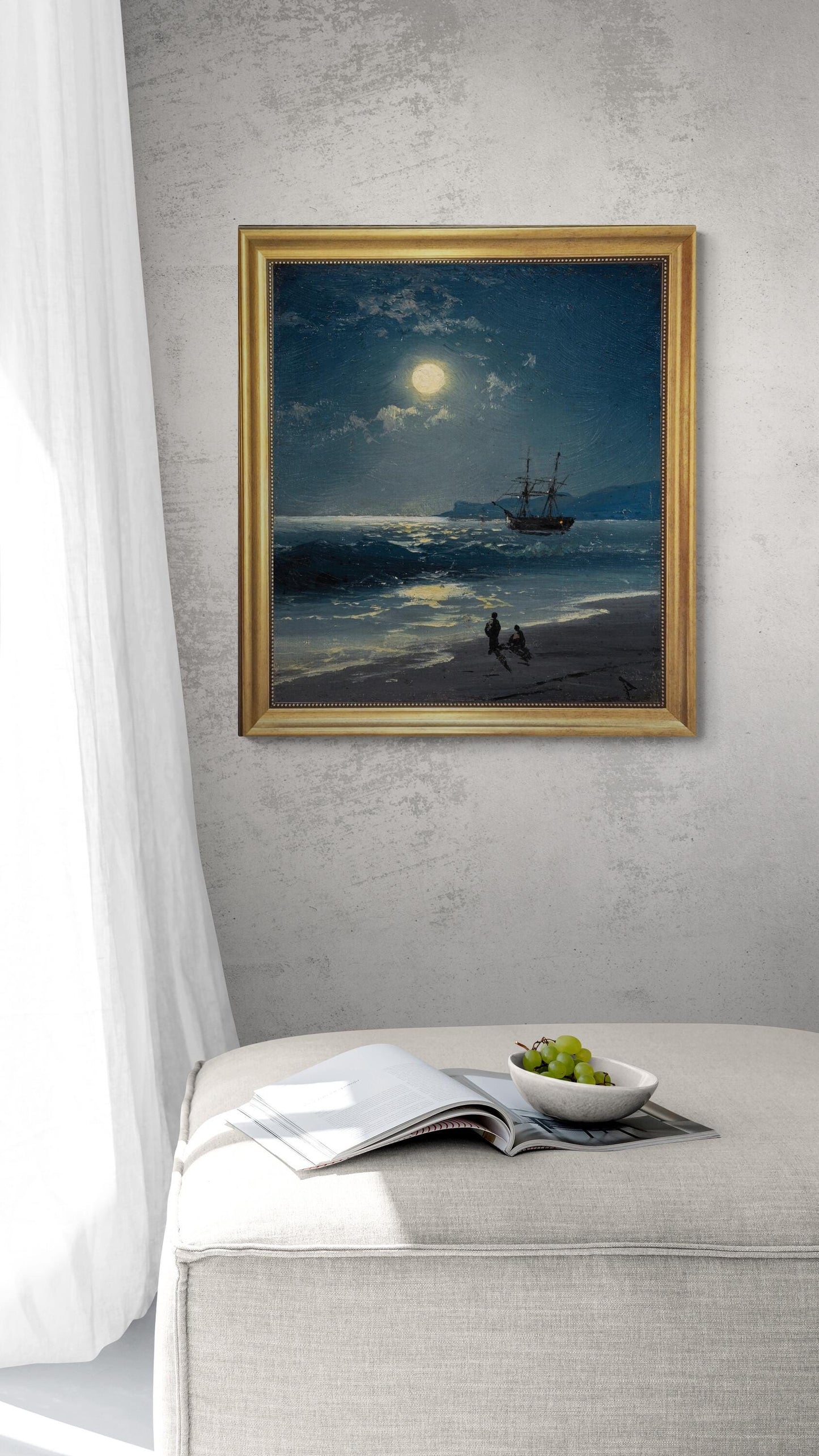 Sailing ship on calm sea by moonlight canvas hand finished premium print with brush strokes and golden vintageous frame looks like original FOSHE ART