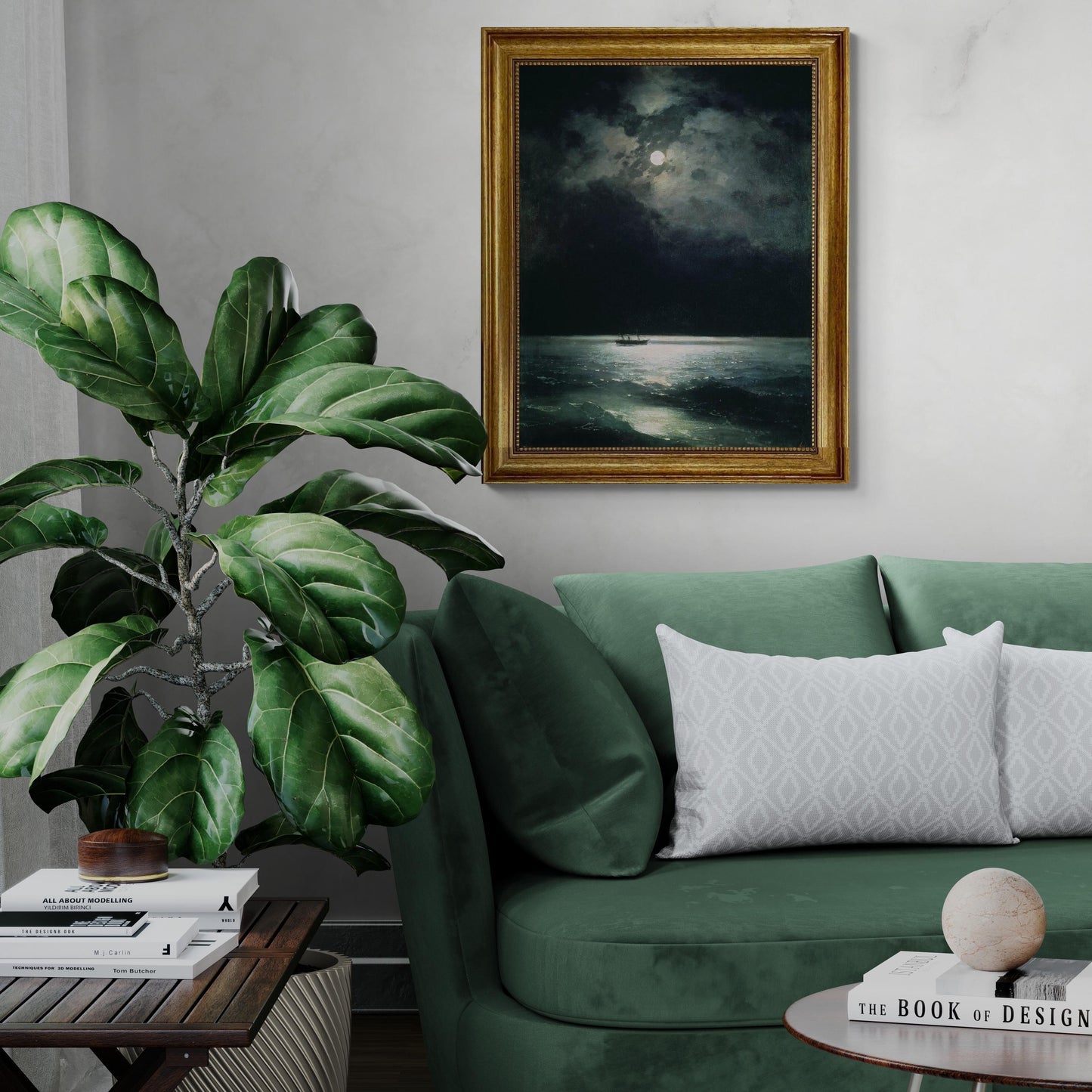 The black sea at night by Aivazovsky canvas hand finished premium print with brush strokes and golden vintageous frame looks like original FOSHE ART