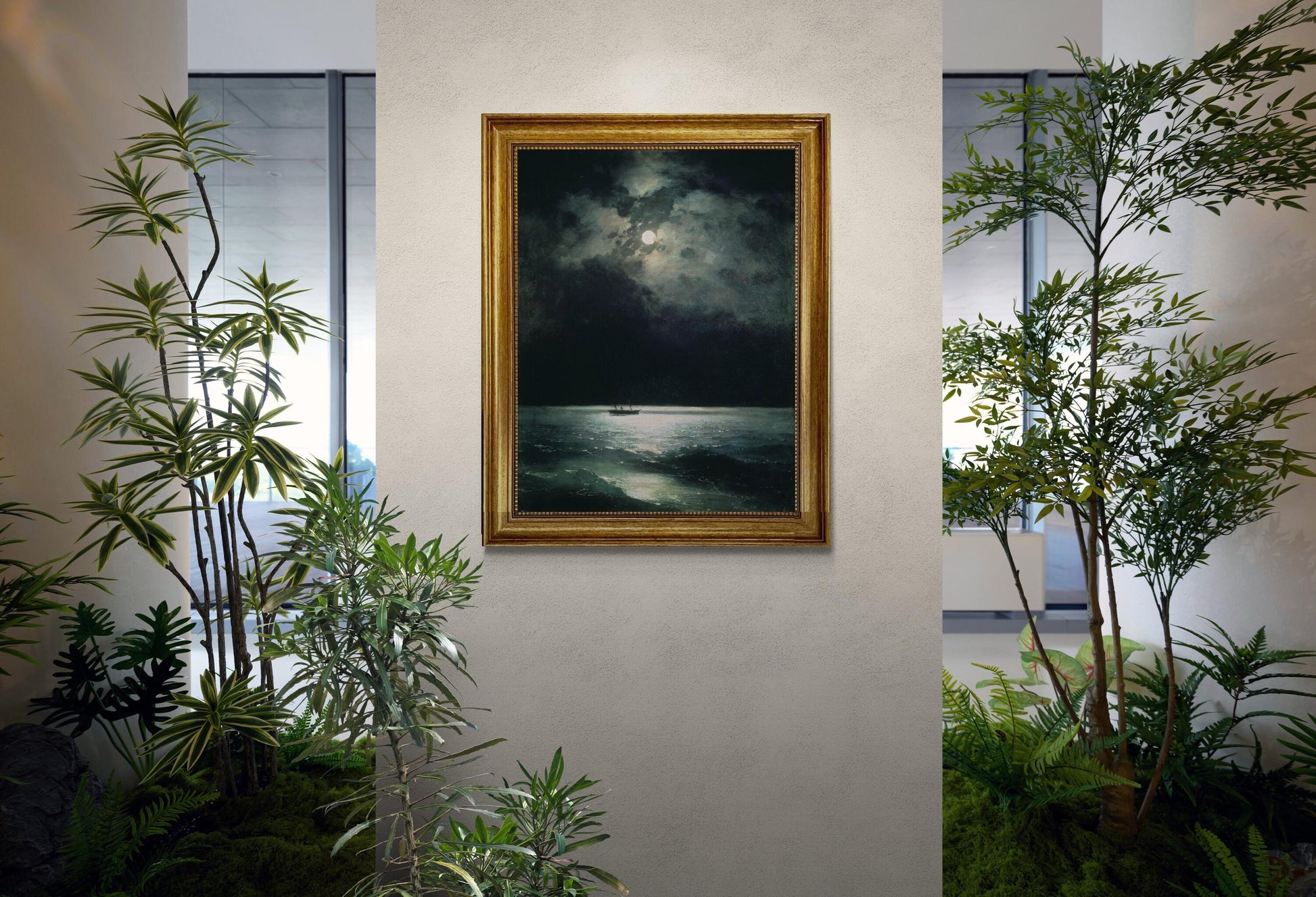 The black sea at night by Aivazovsky canvas hand finished premium print with brush strokes and golden vintageous frame looks like original FOSHE ART