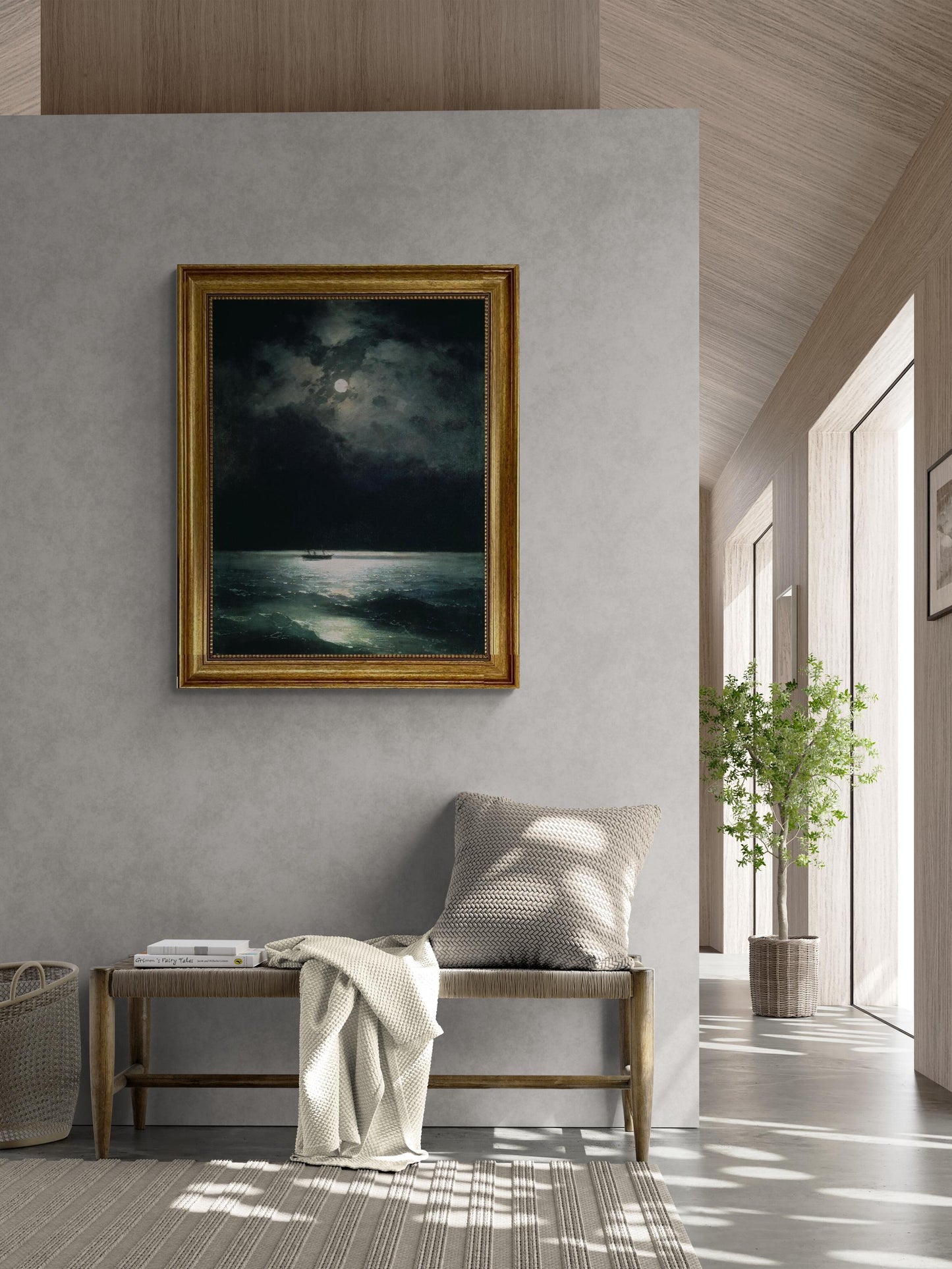 The black sea at night by Aivazovsky canvas hand finished premium print with brush strokes and golden vintageous frame looks like original FOSHE ART