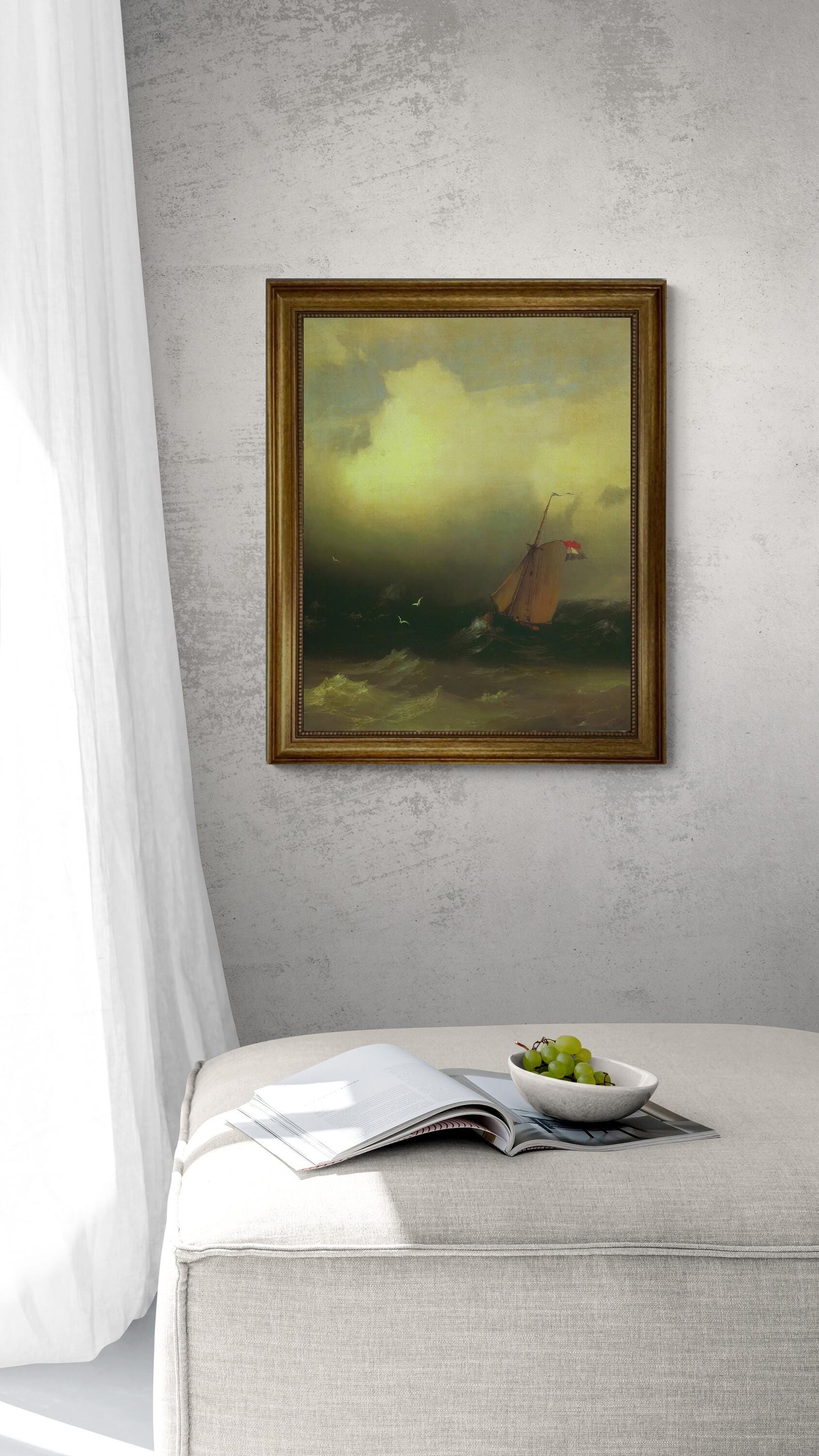 Ivan Aivazovsky 'Storm at Sea' Canvas Print with Vintage Golden Frame, Brush Strokes FOSHE ART