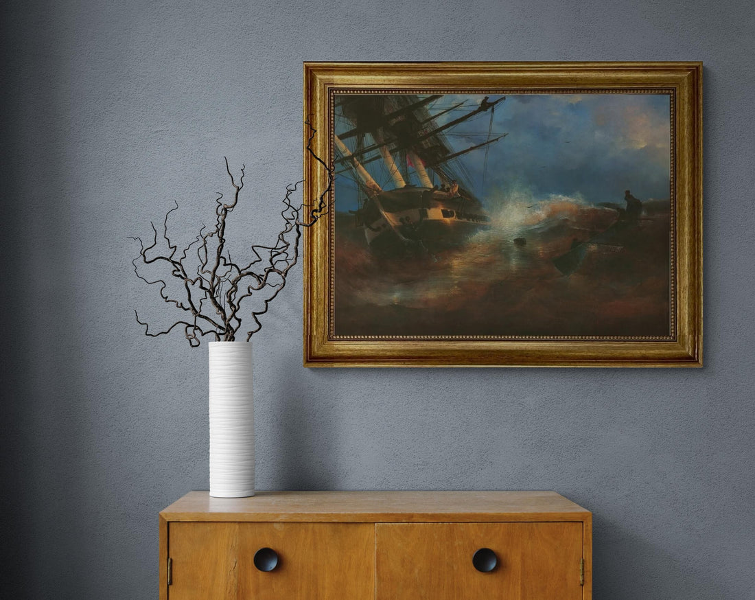 Aivazovsky Frigate Aurora Print, Golden Vintage Frame, Brush Stroke Finish FOSHE ART