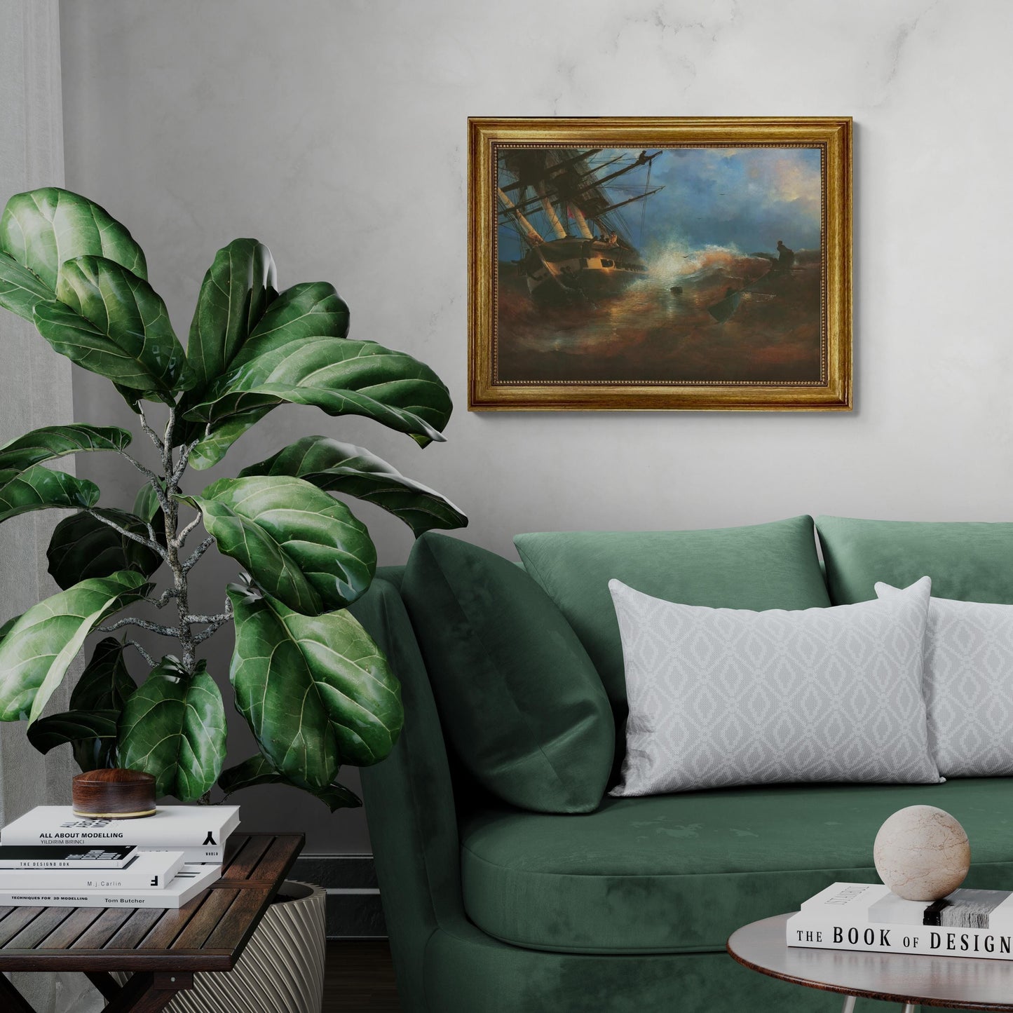 The Frigate "Aurora" by Aivazovsky, canvas hand finished premium print with brush strokes and golden vintageous frame looks like original FOSHE ART