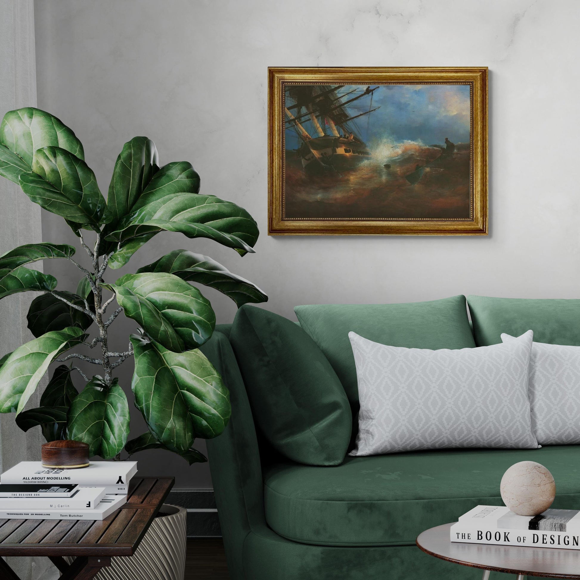 The Frigate "Aurora" by Aivazovsky, canvas hand finished premium print with brush strokes and golden vintageous frame looks like original FOSHE ART