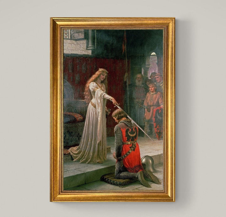 Edmund Leighton The Accolade (1901) | Fine Art Print |Textured Canvas with Realistic Brush Stroke Finish with vintageous golden frame golden FOSHE ART