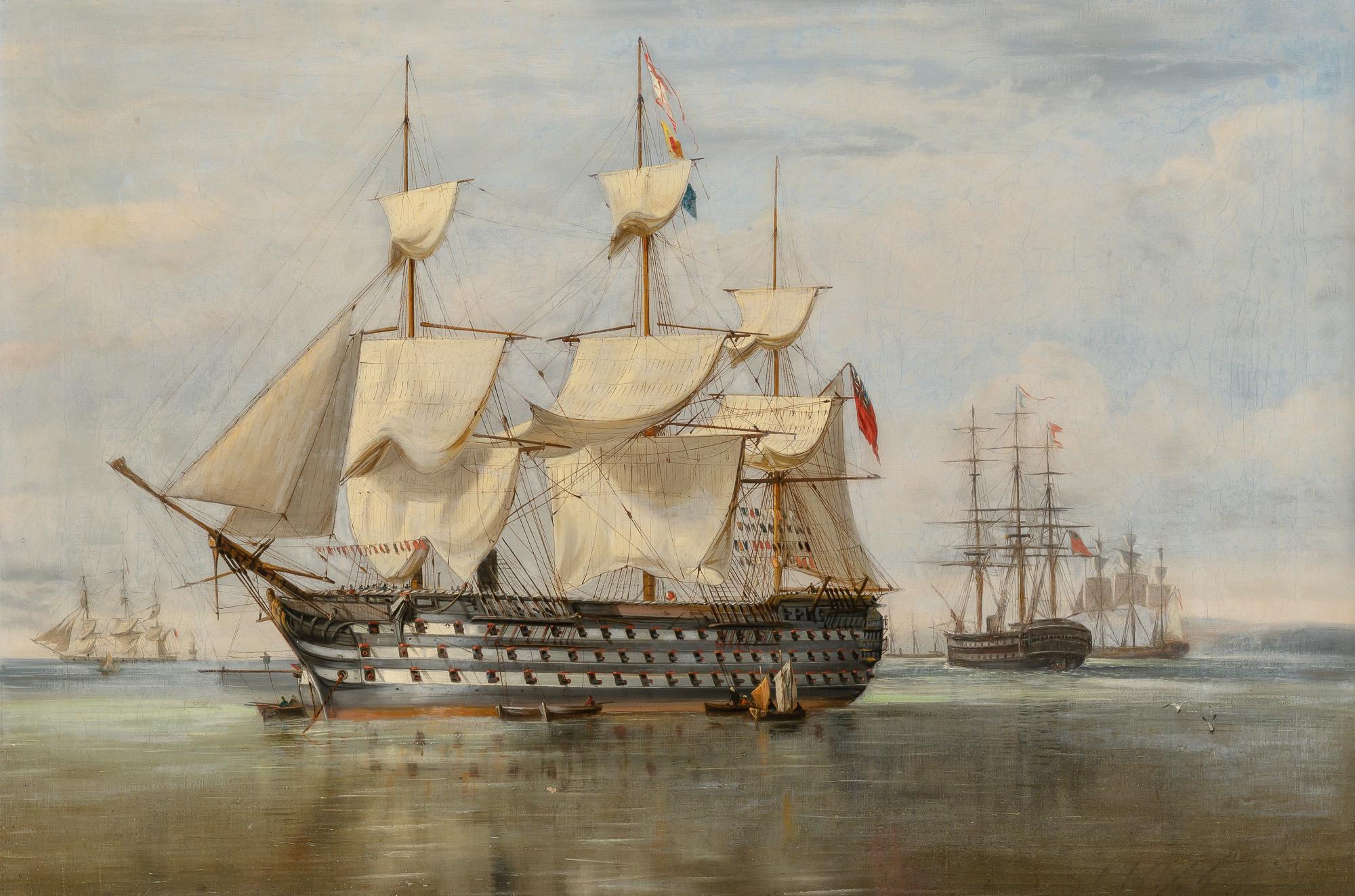 HMS Duke of Wellington at Gosport framed premium canvas print, with brushstrokes & golden vintageous frame, looks like original oil painting FOSHE ART