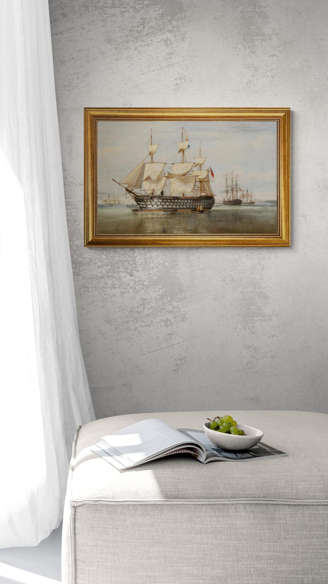 HMS Duke of Wellington at Gosport framed premium canvas print, with brushstrokes & golden vintageous frame, looks like original oil painting FOSHE ART