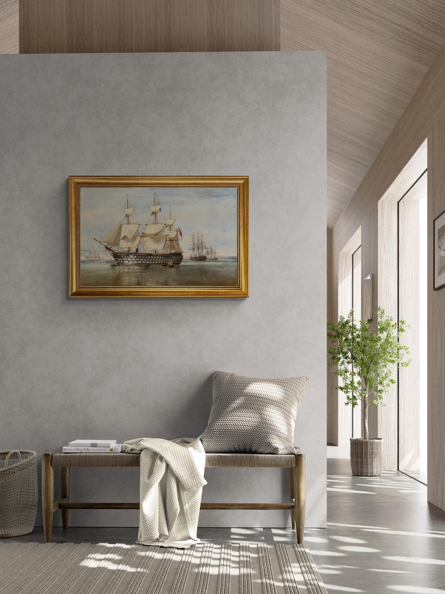 HMS Duke of Wellington at Gosport framed premium canvas print, with brushstrokes & golden vintageous frame, looks like original oil painting FOSHE ART