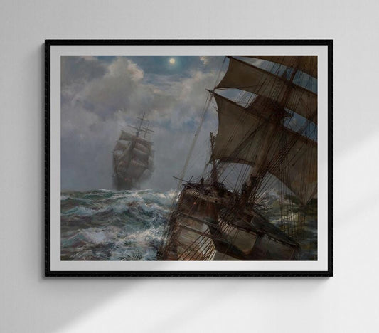 Two Clippers Noctrune by Montague Dawson, nautical vintage wall decor, giclee print reproduction painting on fineart paper or museum poster FOSHE ART