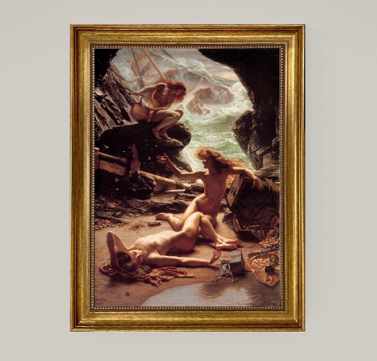 Edward Poynter: Cave of the Storm Nymphs | Hand-Painted Brush Stroke Canvas Print | Gold Vintage Frame | Museum-Quality Oil Painting Replica FOSHE ART