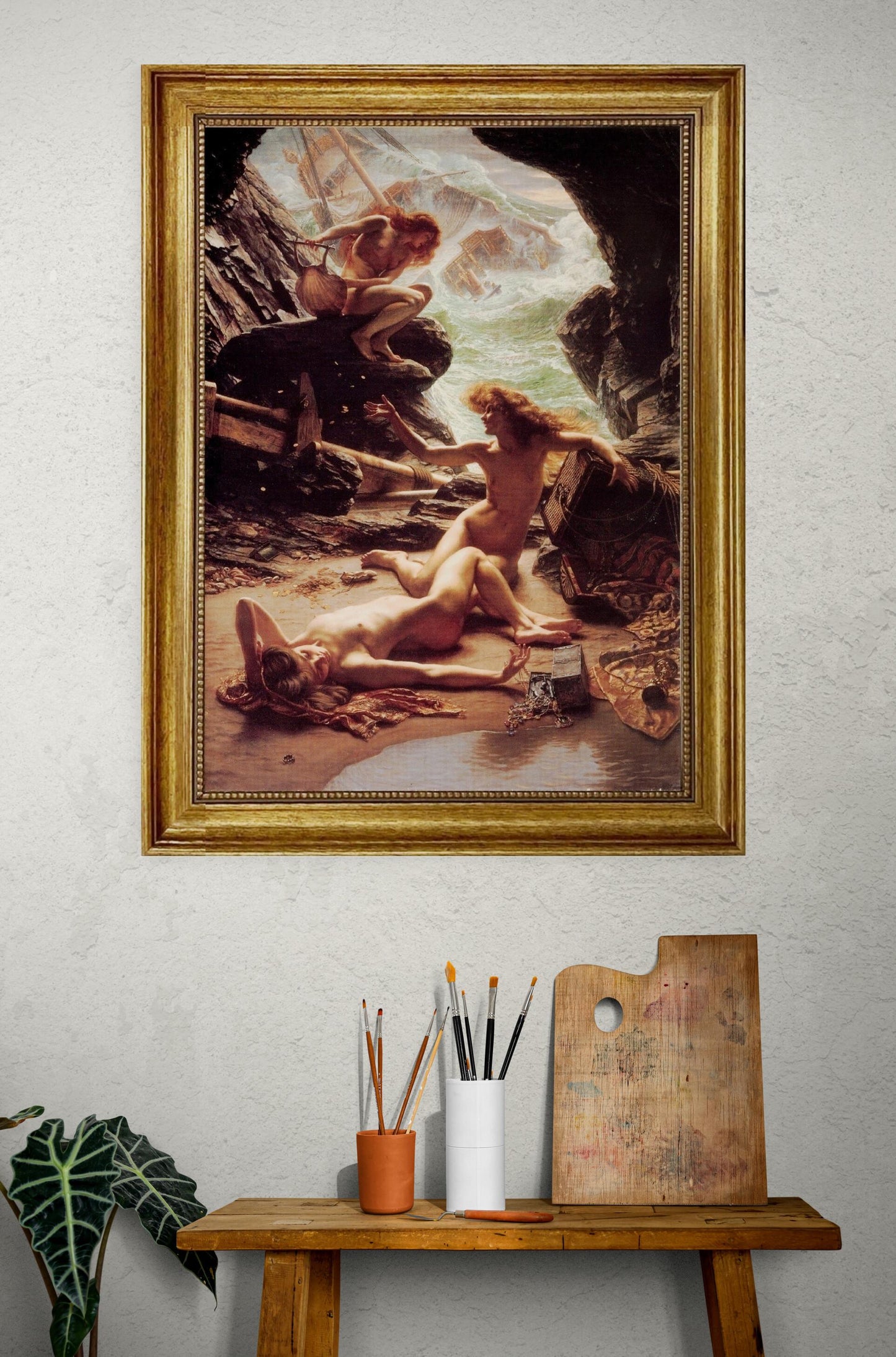 Edward Poynter: Cave of the Storm Nymphs | Hand-Painted Brush Stroke Canvas Print | Gold Vintage Frame | Museum-Quality Oil Painting Replica FOSHE ART