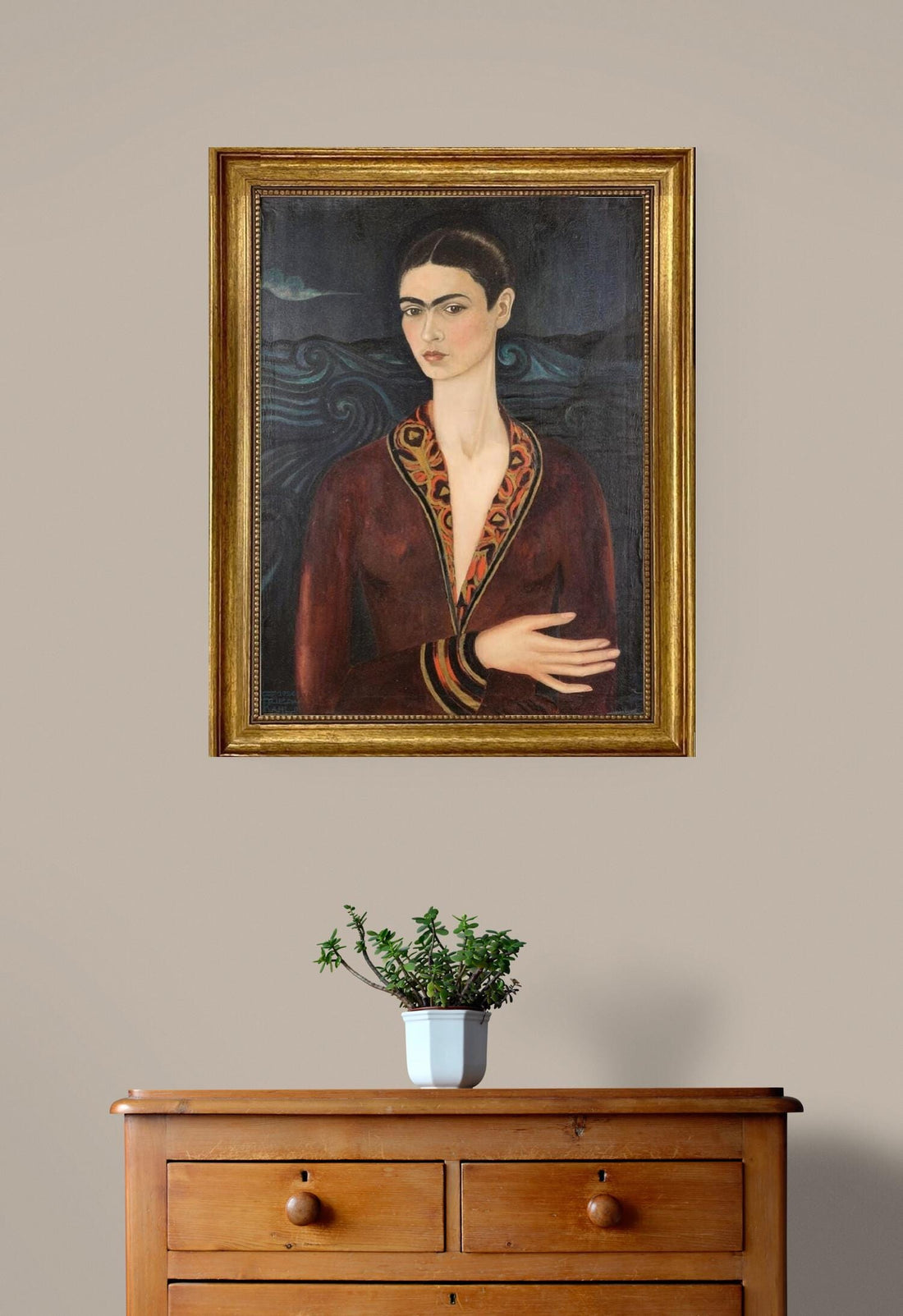 Frida Kahlo Velvet Dress Portrait | 3D Hand-Finished Canvas Print, Vintage Golden Frame FOSHE ART