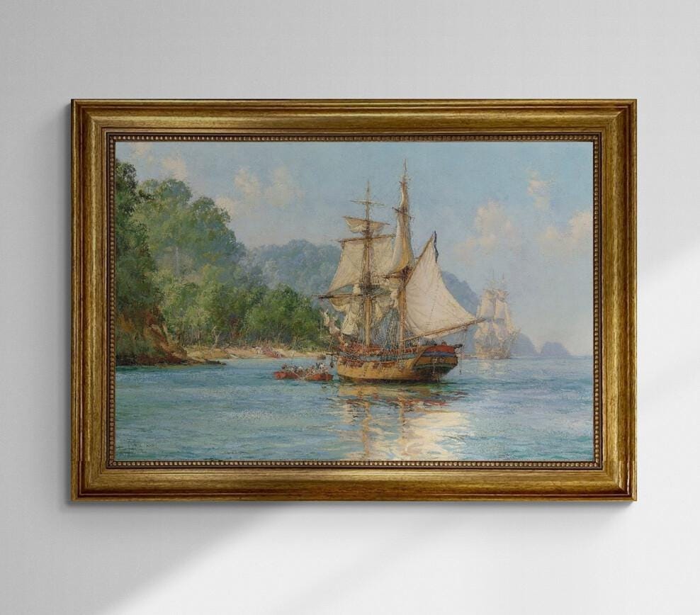 Pirates Haunt Montague Dawson, Gliclée canvas hand finished premium print with brush strokes and golden vintageous frame looks like original FOSHE ART