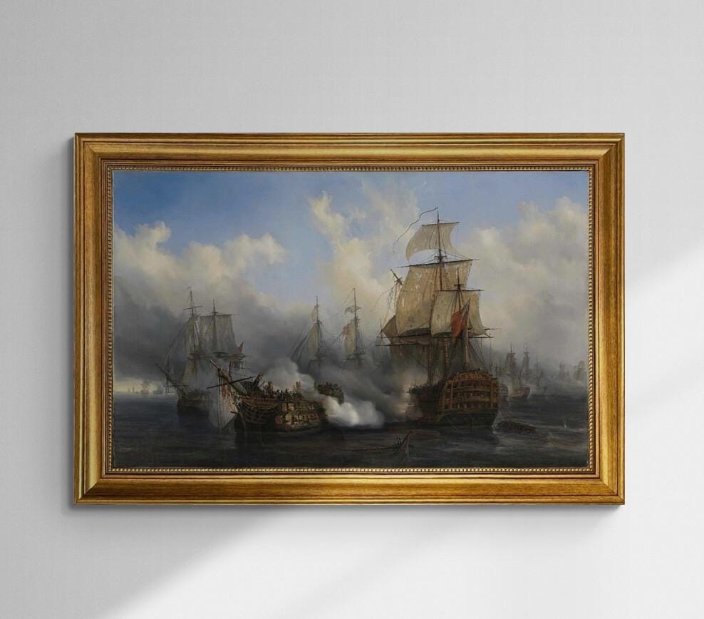 Battle of Trafalgar, Auguste Mayer, Redoutable ship, 3D hand finished premium print on canvas with brush strokes and golden vintageous frame FOSHE ART