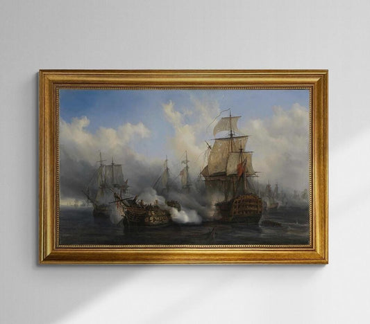 Battle of Trafalgar, Auguste Mayer, Redoutable ship, 3D hand finished premium print on canvas with brush strokes and golden vintageous frame FOSHE ART