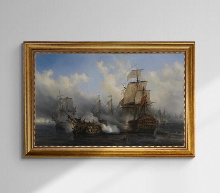 Battle of Trafalgar, Auguste Mayer, Redoutable ship, 3D hand finished premium print on canvas with brush strokes and golden vintageous frame FOSHE ART