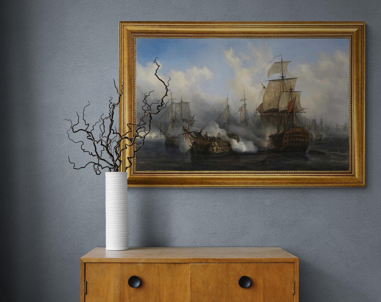 Battle of Trafalgar, Auguste Mayer, Redoutable ship, 3D hand finished premium print on canvas with brush strokes and golden vintageous frame FOSHE ART