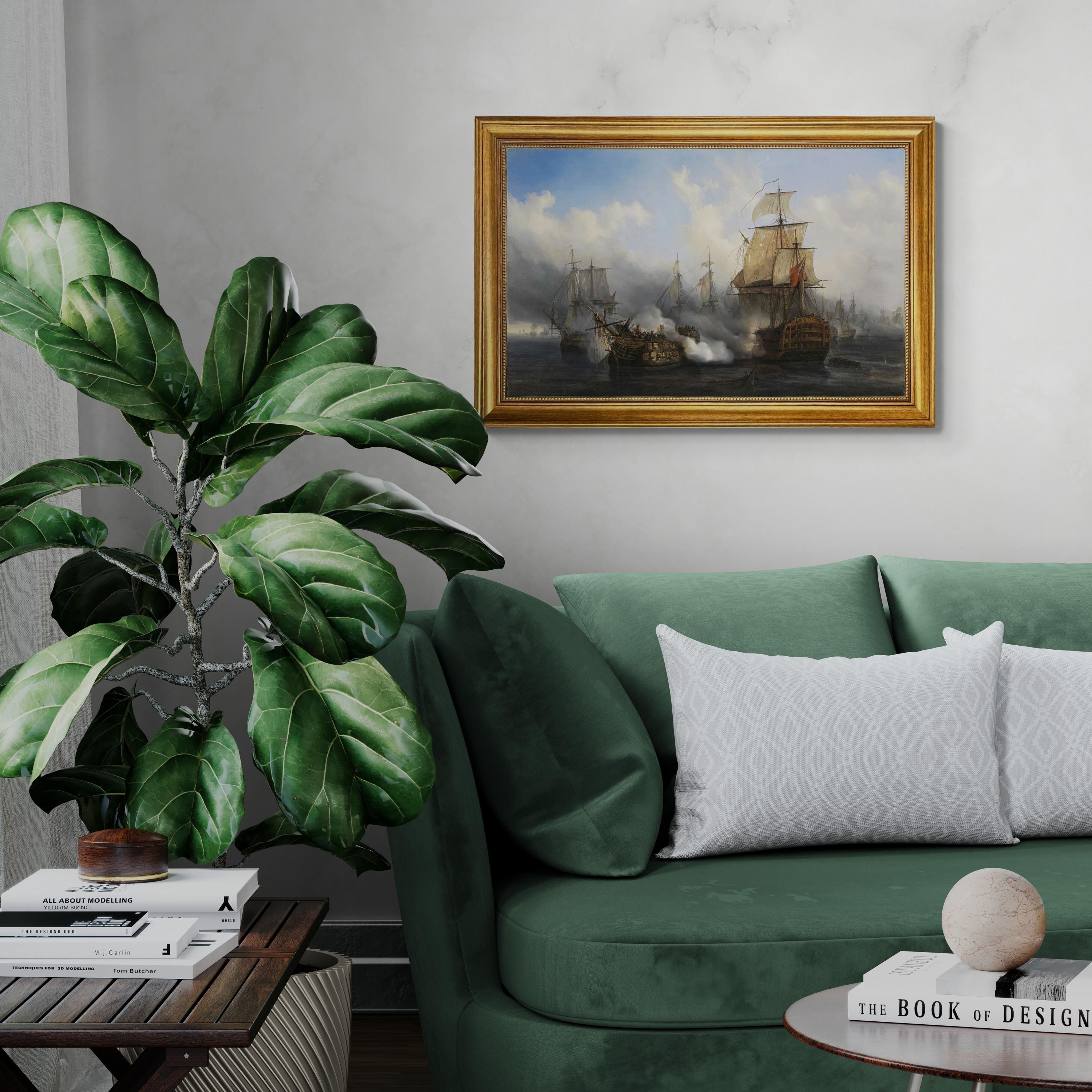 Battle of Trafalgar, Auguste Mayer, Redoutable ship, 3D hand finished premium print on canvas with brush strokes and golden vintageous frame FOSHE ART